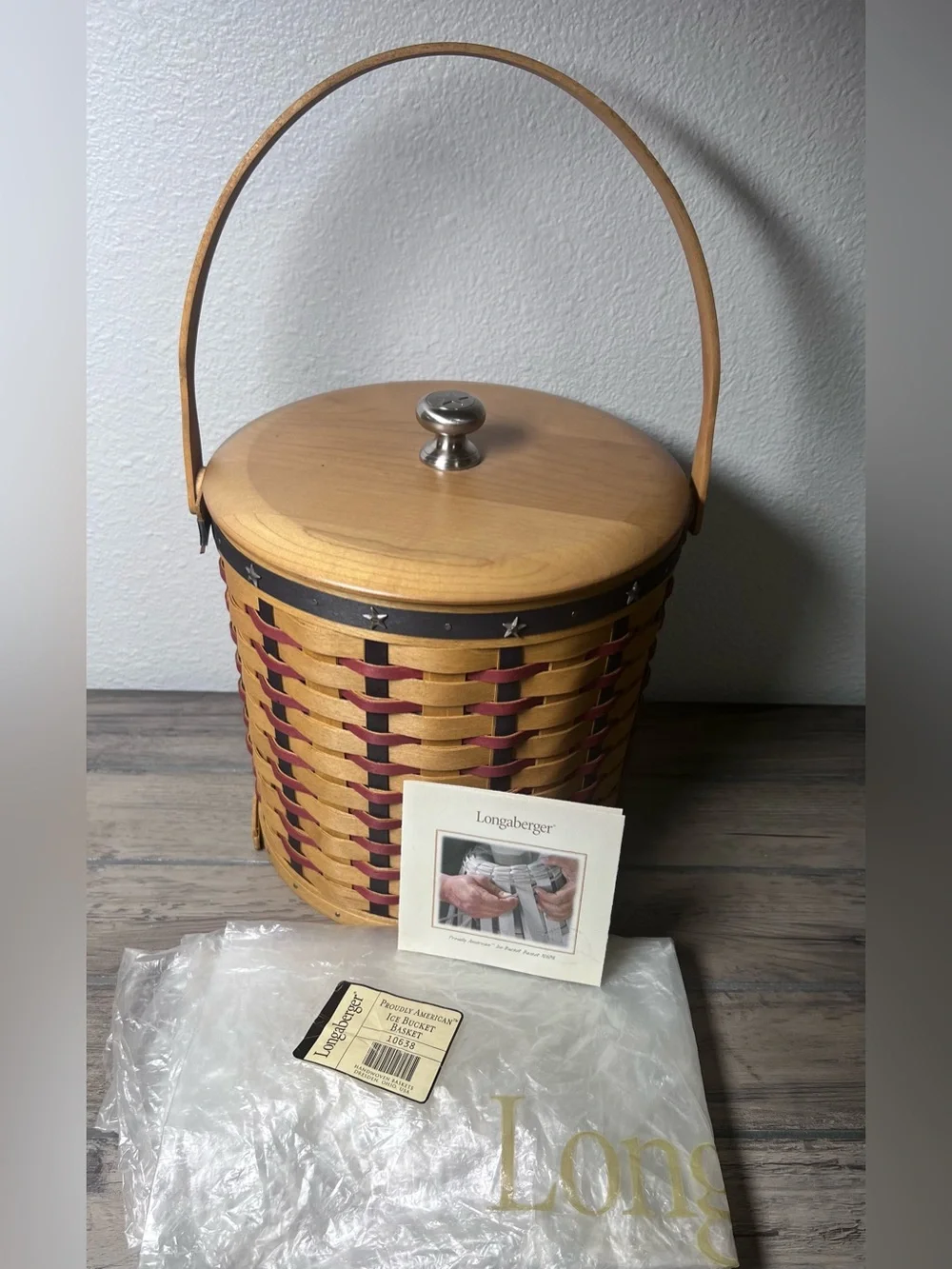 Longaberger 2004 Vintage Proudly American Ice Bucket Basket Set Lid w/ Star Knob
